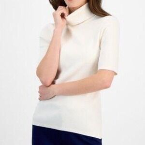 Womens White Short Sleeve Turtleneck Knit Sweater Elbow Length Top Solid Classic